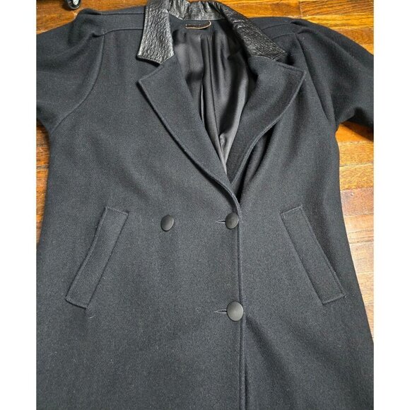Vintage Black Wool Leather Trim Overcoat Classic - Picture 5 of 16